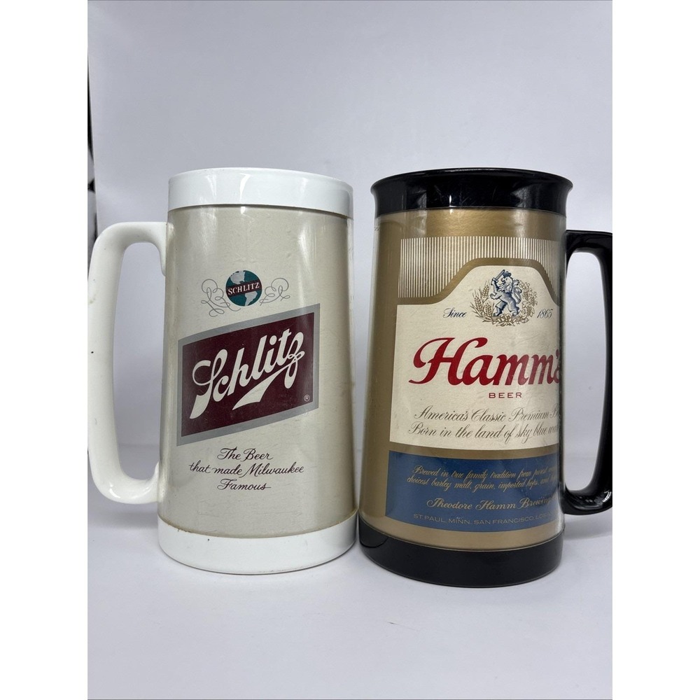 1970s Hamm's & Schultz Beer Set Thermo Serv Plastic Mug Stein Advertising USA